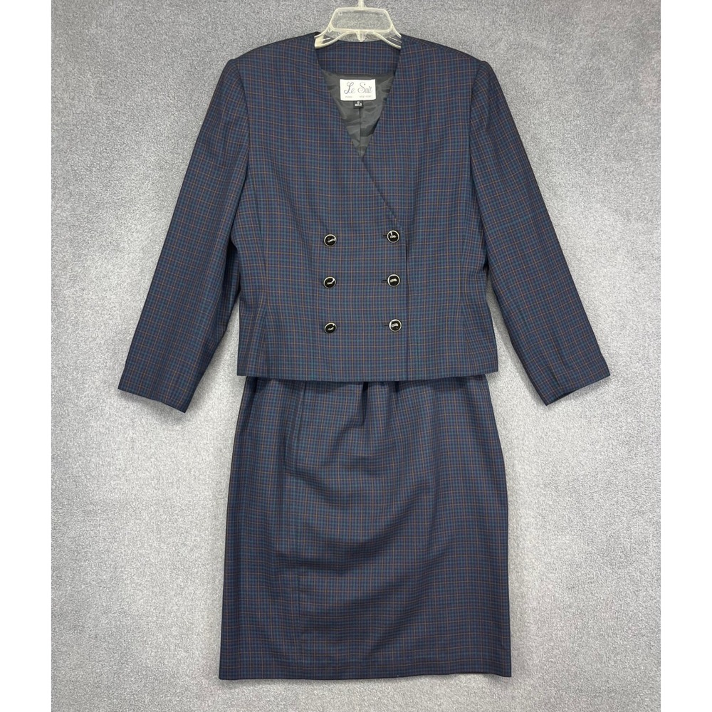 Le Suit Blazer Skirt Women 12 Blue Plaid Double Breasted Pencil office Career